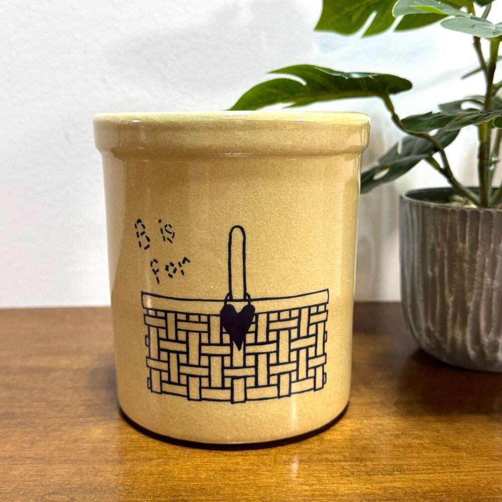 Pottery 2 Qt Crock Utensil Holder B is for Baskets 5.5" Tall Handmade Vintage
